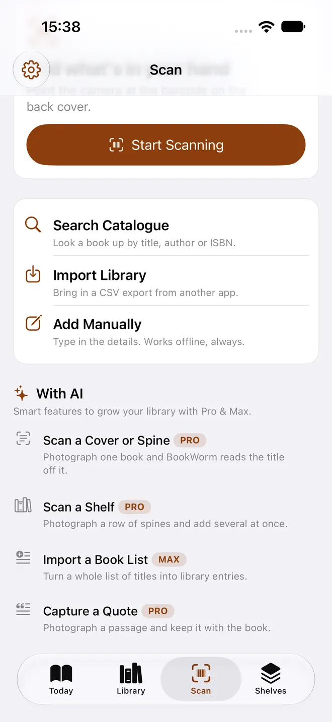 BookWorm add hub with search, import, manual entry and AI rows labelled Pro or Max
