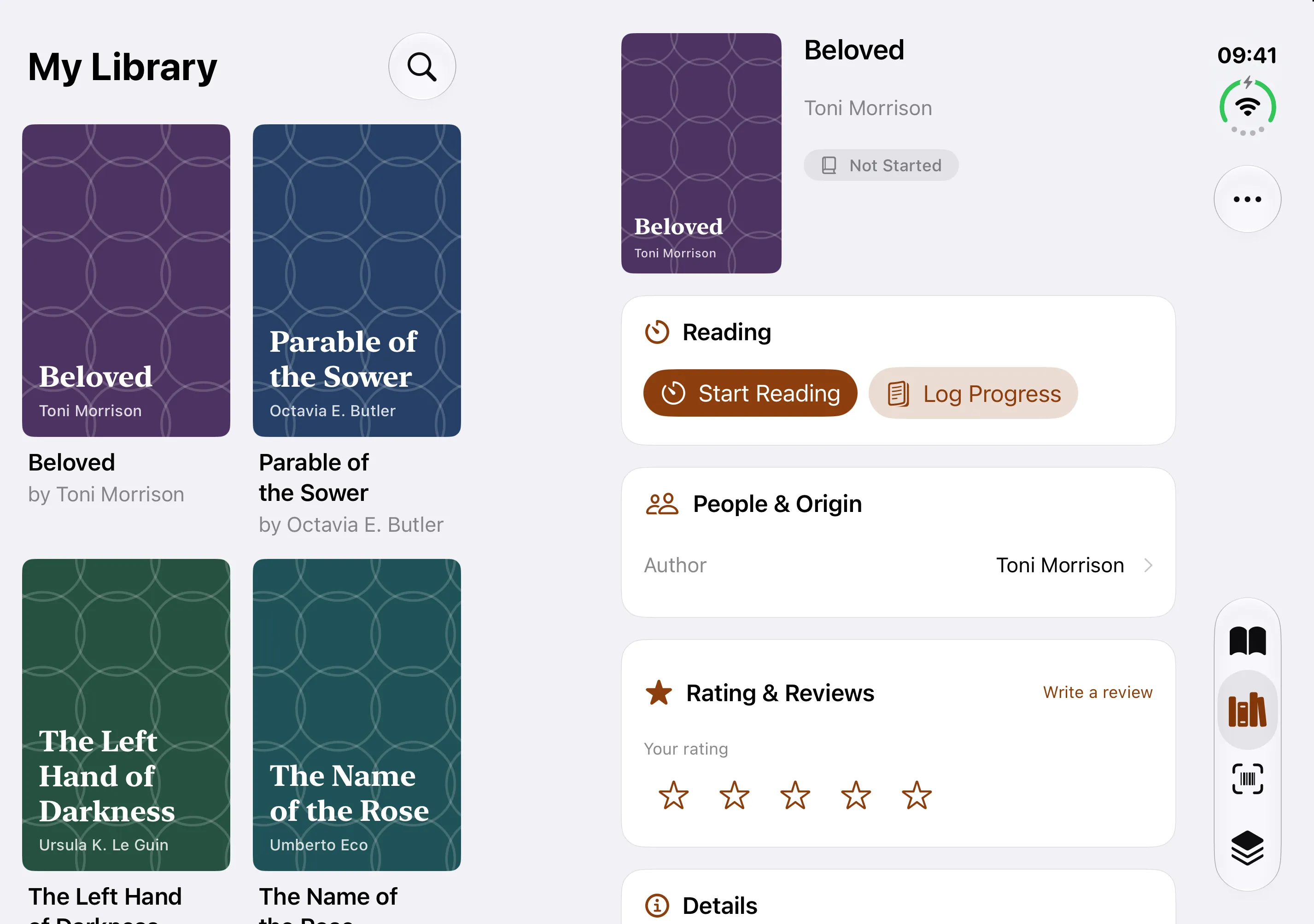 BookWorm library and book details side by side on iPhone Duo