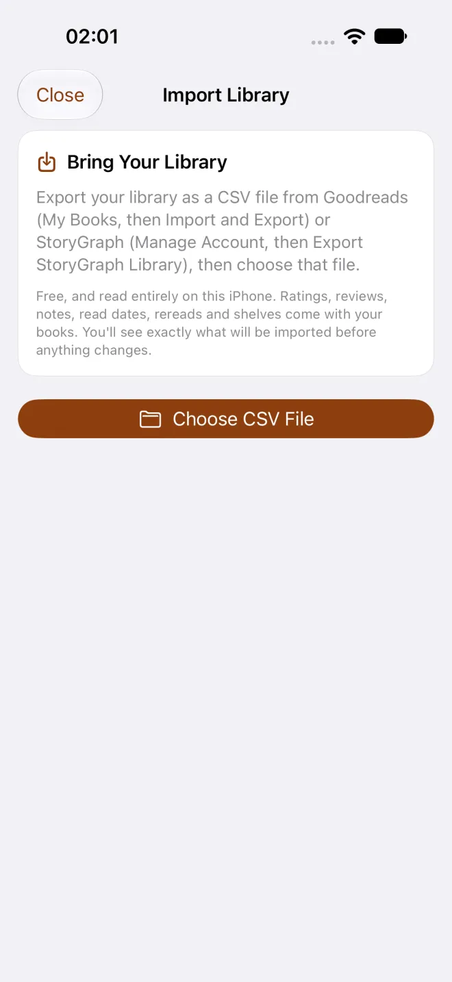 BookWorm import screen asking for a CSV file