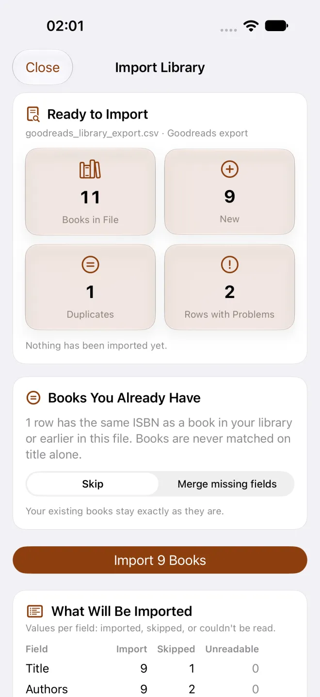 BookWorm import preview listing the books found